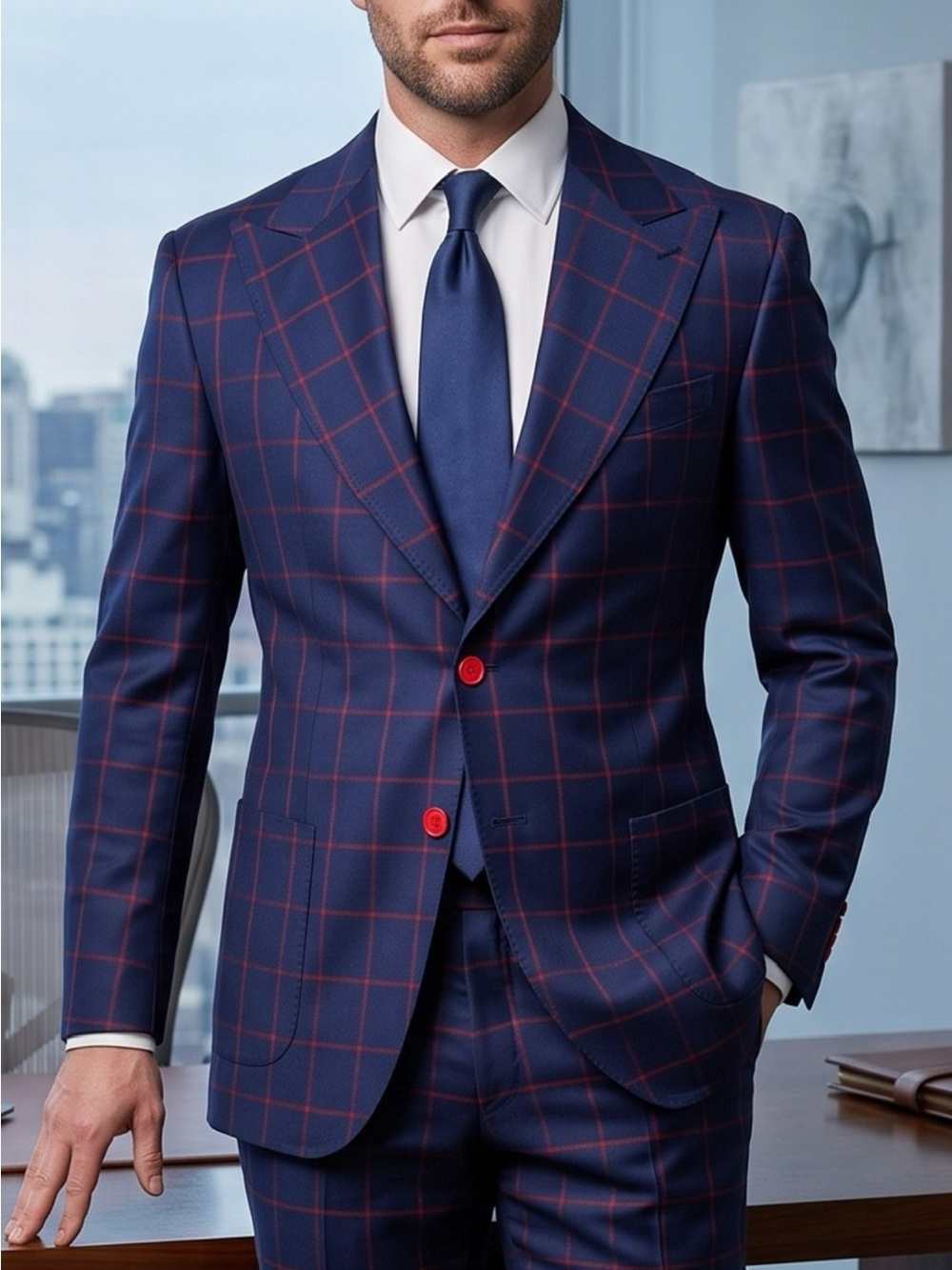 Navy with red Windowpane men’s super 150 wool suit.